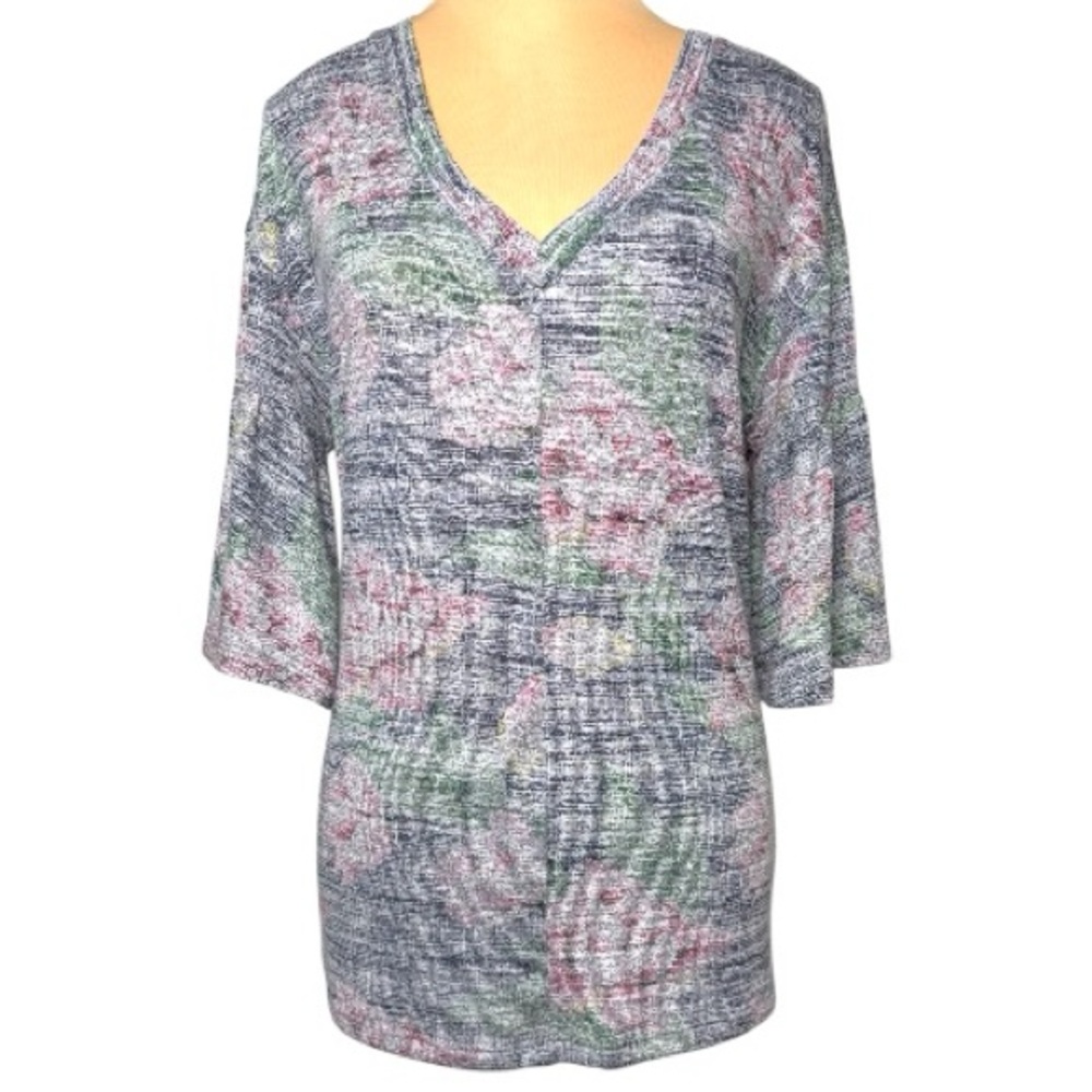 Cupio Blush Floral V-Neck Lightweight Knit Top Bell Sleeves Size M